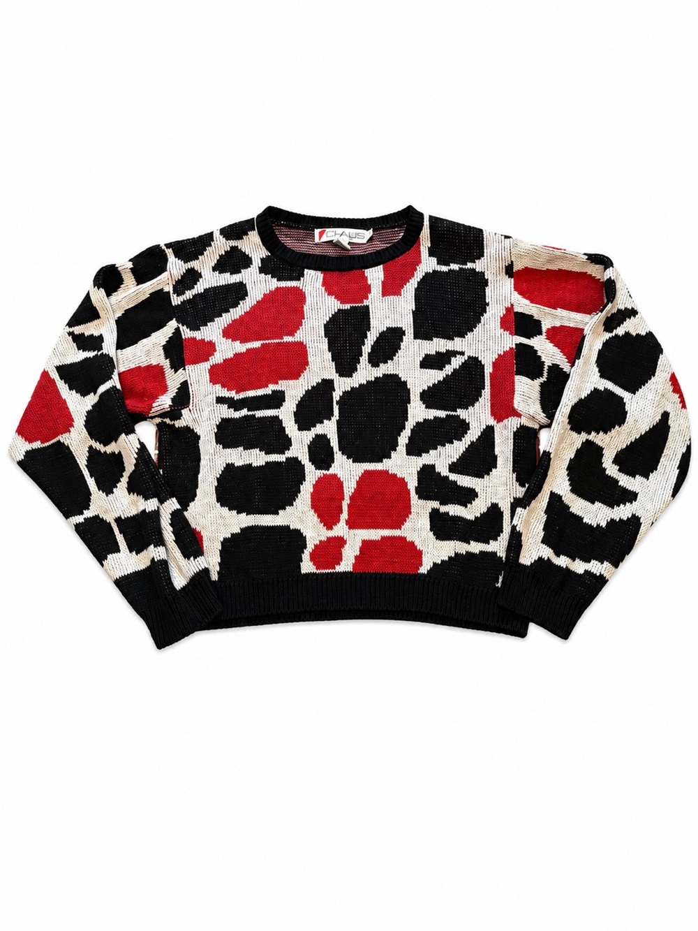 Vintage CHAUS Women’s Cropped Small Abstract Knit Sweater Red Black Ivory